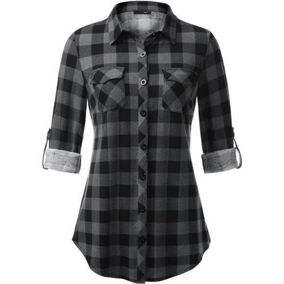 Womens Soft Stretchy Knit Plaid Shirts - Roll‎ Up Long Sleeve Collared Blouses - Picture 1 of 7